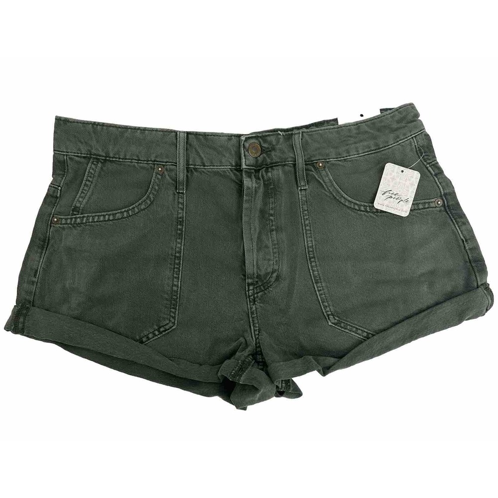 Free People Beginner's Luck‎ Low Rise Slouch Shorts - Olive Green Size 29 New - Picture 2 of 13
